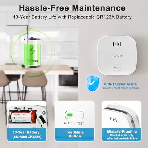 Pildegro Smoke Detector 10 Year Battery, Upgraded Small Fire Alarm Smoke Detector with Heat Monitor for Dual Protection, LED Indicator Loud Alarm with Test/Mute Button and Replaceable CR123A Battery 6