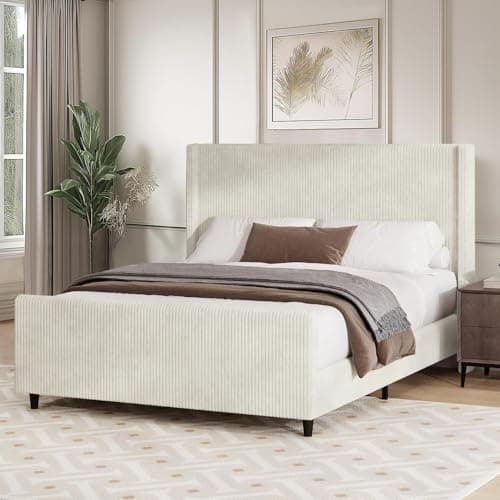 Nonlita Queen Size Corduroy Upholstered Platform Bed Frame with Tufted Headboard and Footboard, No Box Spring Required, Easy to Assemble (Cream, Queen)