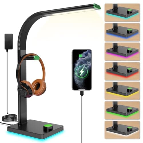 QNTC LED Desk Lamp with Eye-Caring Light, USB Ports, 7 Color Modes, Flexible Gooseneck & Headphone Stand for Home Office, Bedroom, and Study (Black Green)