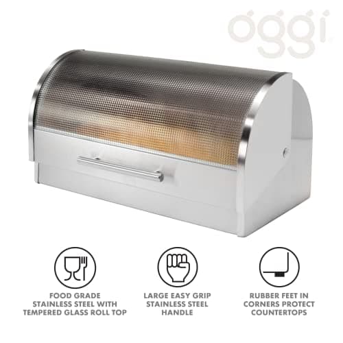 Oggi Stainless Steel Roll Top Bread Box for Kitchen Countertop with Tempered Glass Lid - Fits Multiple Large Loaves of Bread and Other Freshly Baked Goods Including Cookies, Bagels, Muffins 5
