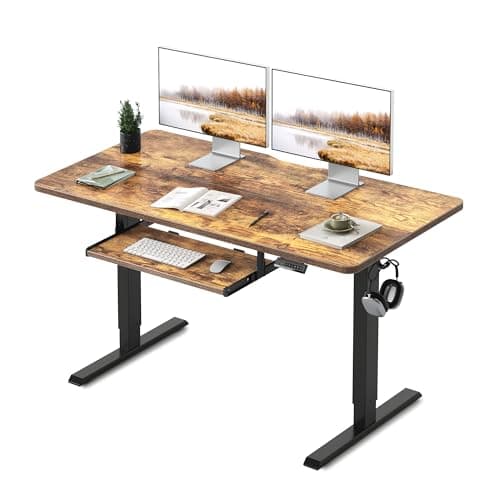 FEZIBO Standing Desk with Keyboard Tray, 55 x 24 Inch Adjustable Height Sit Stand Desk with Memory Presets for Home Office, Ergonomic Computer Workstation, Rustic Brown