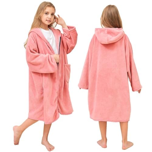Hiturbo Kids Bath Towel Hoodie: Soft Plush Zipper Surf Poncho - Warm Fleece Changing Towels Swimming Outerwear (Pink) 5