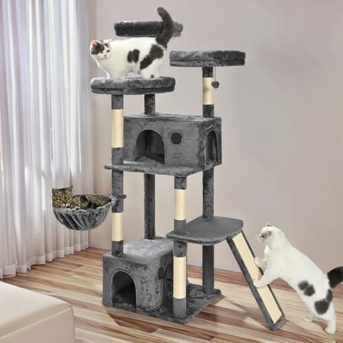 Amazon Basics Large Cat Tree Tower, Multi-Level Activity Center with 2 Large Condos, Multiple Sisal Scratching Posts and Hanging Pompoms, Gray, 68 Inches 7