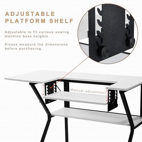 Vividwood Sewing Table, Large Sewing Machine Table with Adjustable Platform and Storage Shelf - White 5