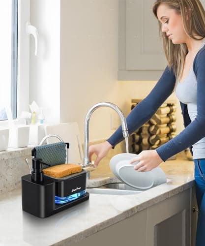 Hand and Dish Soap Dispenser Set with Tray, Dual Soap Dispenser with Sponge Holder and Dishcloth Holder 5-in-1 Organizer for Kitchen Sink Countertop Storage Organize - Useful Kitchen Gadgets (Black) 7