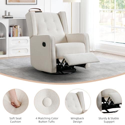 CANMOV Swivel Rocker Recliner Chair, Rocking Chair Nursery Glider Recliner, Manual Glider Chair for Nursery, White 5