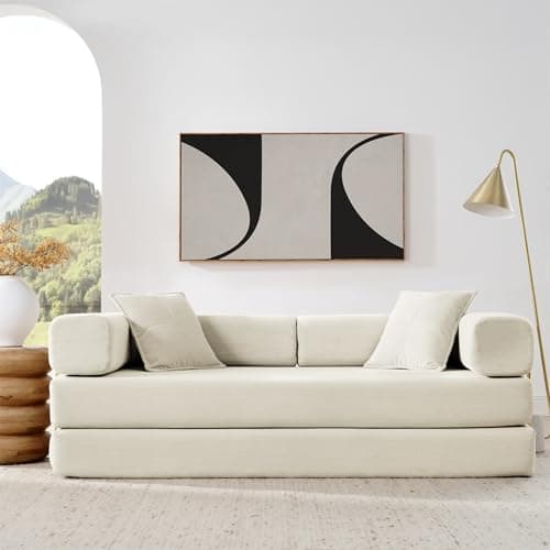 4-in-1 Folding Convertible Sofa Bed, 78 Inch Boneless Couch with Fixed-Shape Frame, Corduroy Loveseat Sleeper with Pull Out Bed, Floor Sofa Modular Futon Couch for Living Room Bedroom Lounge (Beige) 6