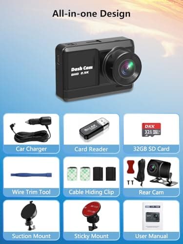 Dash Cam Front and Rear, 2.5K+1080P Dual Dash Camera for Cars with 32GB SD Card, 2.45 inch IPS Screen, 2 Mounting Ways, Night Vision, WDR, Accident Lock, Loop Recording, Parking Monitor 7