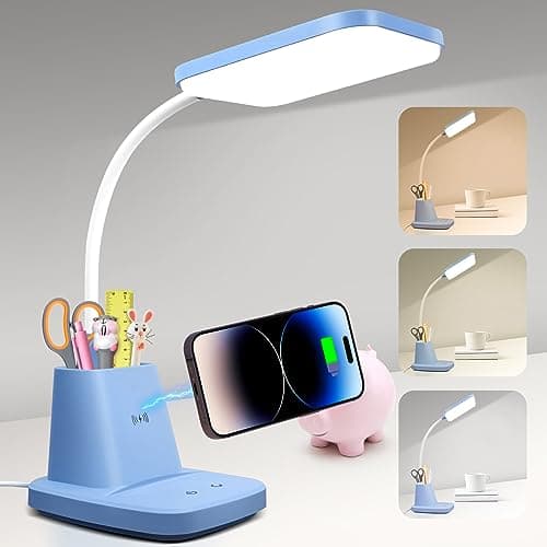 Sailstar Small Desk Lamp, Blue Desk Lamp with Pen Holder, Wireless Charger LED Desk Lamps for Home Office, 800LM Flexible Arm 3 Modes Dimmable Touch Cute Desk Lamps, Study Lamps for College Dorm Room