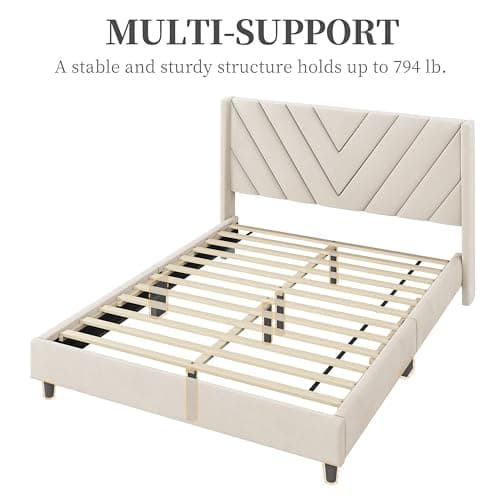 Yaheetech Queen Bed Frame Upholstered Platform Bed with Wing Side/Wooden Slat Support/Tufted Headboard with Wing Side/Mattress Foundation/No Box Spring Needed,Beige Queen Bed 9