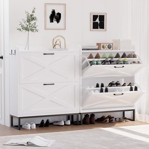 Chilihom Narrow Shoe Cabinet for Entryway, Organizer with 2 Flip Drawers, Slim Storage Cabinet with Metal Legs, Free Standing Corner Rack, White 5