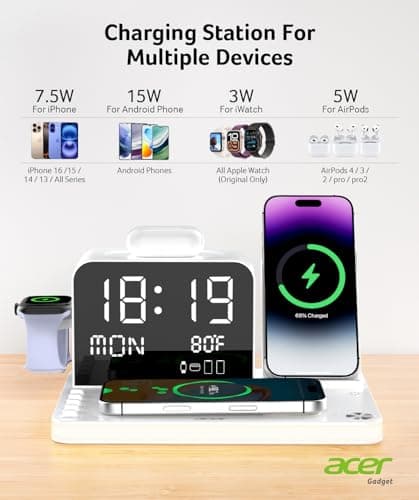 Acer 7-in-1 Wireless Charging Station with LED Clock - 30W Fast Wireless Charger for iPhone 16/15/14/13/12/Pro Max, Apple Watch, AirPods - Bluetooth Auto Time Sync & Night Lights (White) 5