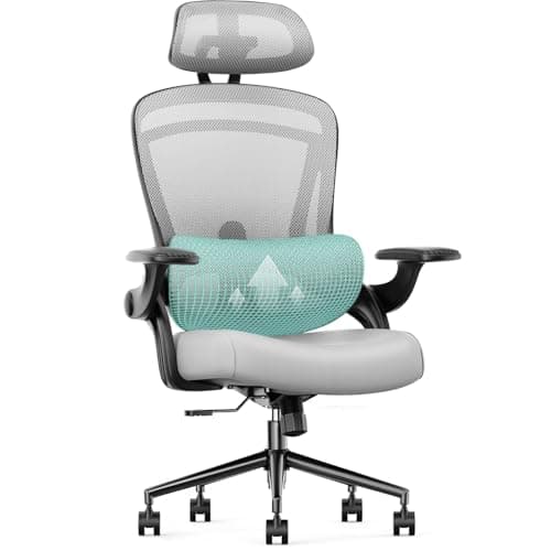Sweetcrispy Ergonomic Mesh Office Chair, High Back with 2D Headrest, Up&Down Lumbar Support, Swivel Computer Task Desk Chairs with Adjustable Flip-up Armrests, Light Grey