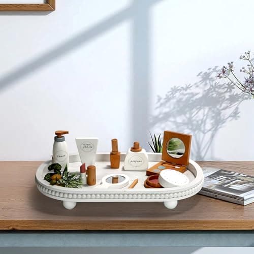 SYNCVIBE Wooden Decorative Tray for Home Decor, Beaded White Oval Tray Decor for Coffee Table, Rustic Wood Serving Trays Farmhouse Centerpieces for Living Room Kitchen Counter (White Oval) 5