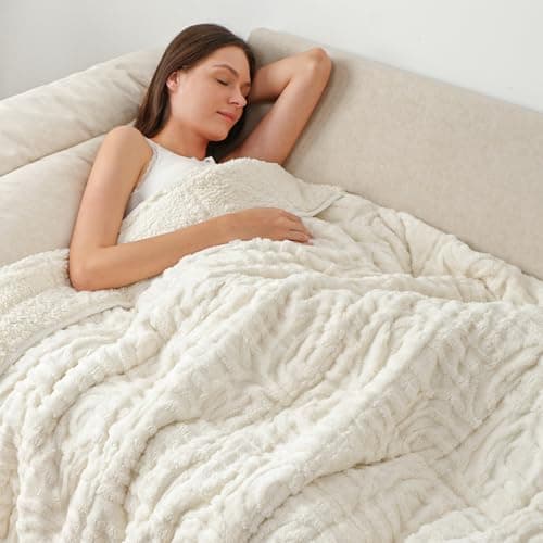 Wemore Jacquard Fleece Weighted Blanket King Size 80" x 87" 15lbs, Ultra Soft Cozy Sherpa Weighted Blankets for Adults, Ultra Fuzzy Heavy Blanket for Sleep, Fluffy Warm Throw for Bed, Cream White