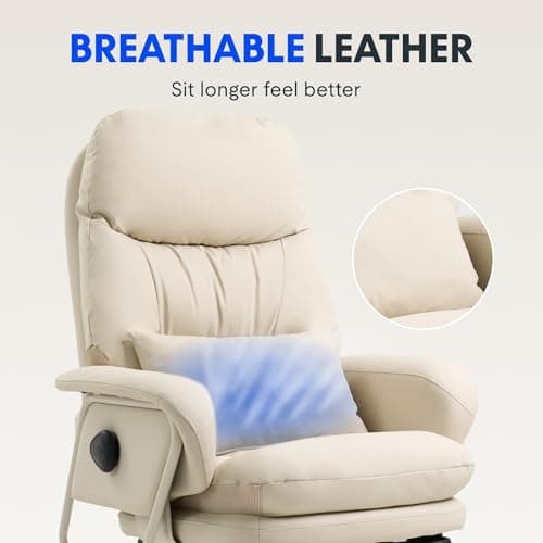 FLEXISPOT Luno 2-in-1 Chaise Lounge Chair Indoor with Wheels Footrest 90-165° Reclining Lumbar Support, Home Office Chairs for Living Room Bedroom Study Working Relaxing, Leather, Beige White 10