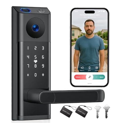 CAMCAMP WiFi Video Smart Lock with Camera & Doorbell, Keyless Entry Door Lock with Handle for Front Door, Five Ways to Unlock Fingerprint, App, Key, Fob, Keypad, Auto Lock, Easy to Install