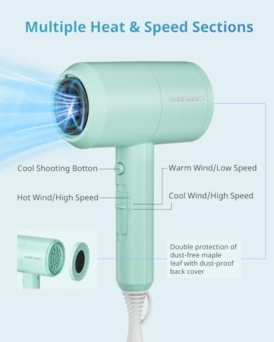SHRATE Lightweight Ionic Hair Dryer with Diffuser - Powerful 1800W Blow Dryer for Fast Drying - Professional Low Noise Mini Hair Dryer for Travel, Gifts, Hair Styling 7