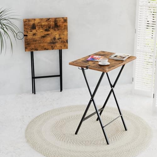 VECELO Folding TV Tray for Eating Set of 2, Portable Dinner/Snack Table with Cup Holder for Couch, Living Room and Small Space, Antique Brown 6