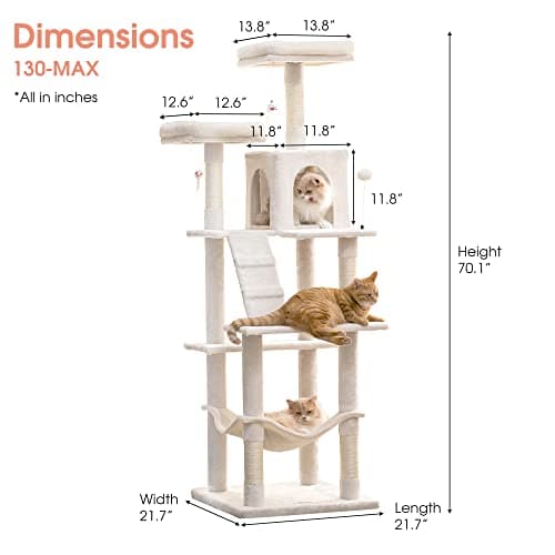 MWPO 70.1-Inch Large Cat Tree, Multi-Level Tall Cat Tower for Indoor Cats, Plush Cat Condo with Big Padded Perches, Sisal-Covered Scratching Posts, Hammock, Toys for Kittens & Cats - Beige 6