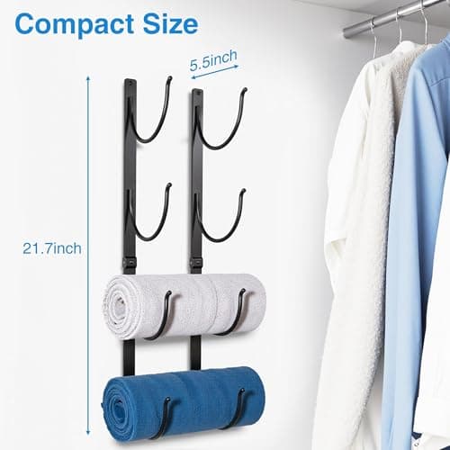 Bathroom Rolled Towel Rack: 4-Tier Wall Mounted Towel Storage Holder, Hanging Organizer for Towels, Blankets, Large Bath Sheets, Space Saving in RV, Closet, Toilet, Cabinet, Black Metal 5