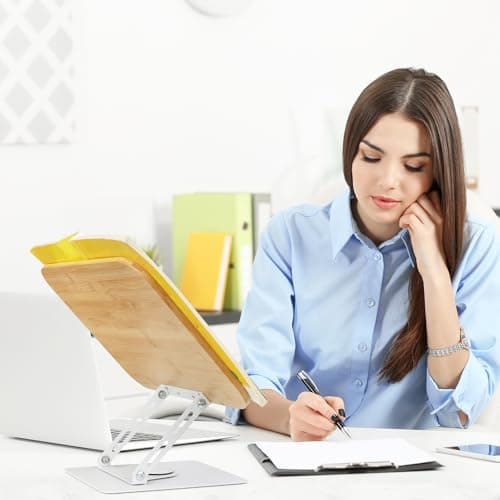 Book Stand for Reading Large Book Holder with 360° Rotating Base, 15.4"x11" Cookbook Stand Desktop Holder with Book Light, Foldable Desktop Stand for Textbook, Recipe, Laptop, Sheet Music 8