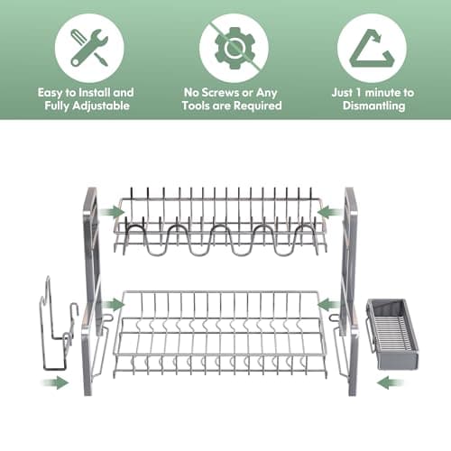 BOOSINY 2 Tier Dish Drying Rack and Drainboard Set, Large Stainless Steel Dish Drainers for Kitchen Counter, Dish Strainer Shelf with Cup Holder（Grey） 5