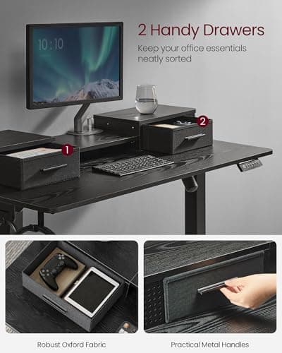 VASAGLE Electric Standing Desk with Drawers, 47.2 x 23.6 Inches, Sit Stand Desk with Power Outlet and LED Lights, Adjustable Height, Storage Shelf, 3 Memory Buttons, for Home Office, Ink Black 8