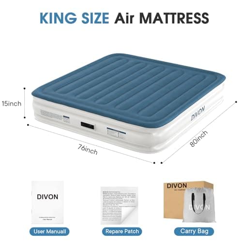 DIVON King Size Air Mattress,15’’High King Air Mattress with Built in Pump,Quick Inflatable Mattress in 3 Mins,Upgraded Blow Up Mattress for Home, Guests & Camping,750lbs 9