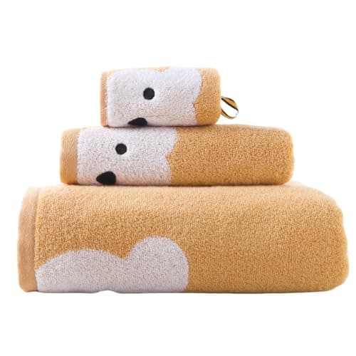 KINGSHORE 3 Piece Premium Bath Towel Set for Kids(Naughty Bear), 1 Bath Towel 1 Hand Towel 1 Washcloth, Quick-Drying, 100% Cotton，Oeko-TEX Certified (Brown)