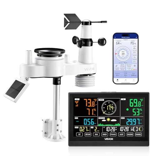 VEVOR 7-in-1 Wi-Fi Weather Station with APP, 7.5-Inch VA Display, Wireless Solar Powered Outdoor Sensor, Rain Gauge, Indoor Outdoor for Weather Forecast, Wind Speed, Temperature, Humidity, Rainfall