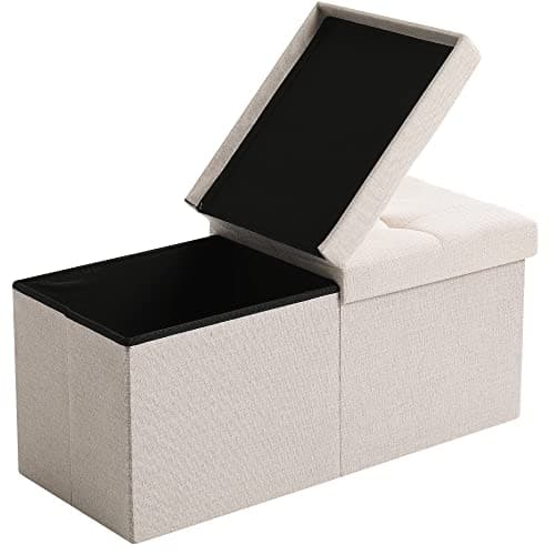 CUYOCA Storage Ottoman Bench Foldable Seat Footrest End of Bed Ottoman with Flipping Lid for Living Room, 75L, 30 inches Linen Fabric Beige 9