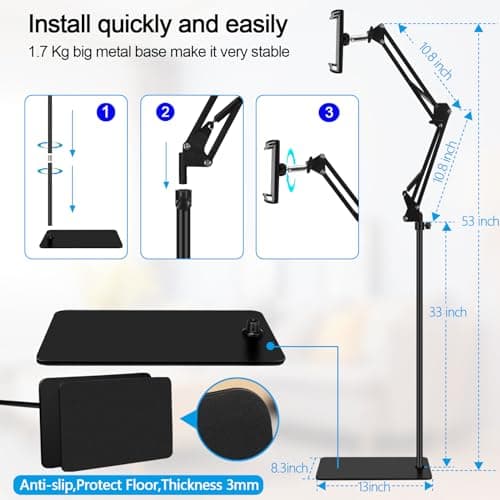 ASWINN Tablet Floor Stand, Adjustable Universal 360-degree Rotatable Metal Holder, Stand for Ipad/iPhoneX/iPad Pro or Other 4.5-12.9 Inches Devices (Black) 6