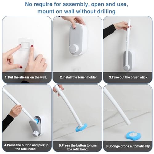 Saraudy Disposable Toilet Brush with 40 Refills, Toilet Bowl Brush and Holder with Toilet Scrubber Refills, Wall Mounted No Drilling, Space Saving, for Bathroom Cleaning (Grey) 6