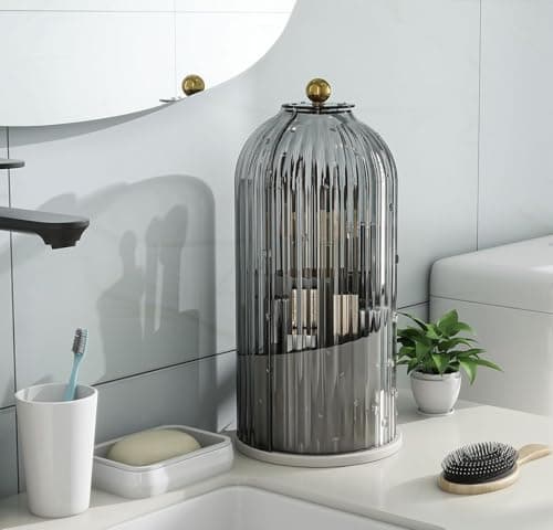 Zufudo Dustproof Toothbrush Holders with Cover, Rotating Electric Toothbrush and Toothpaste Holder for Bathroom Countertop, 3 Slots Makeup Brushes Organizer, Grey White 7