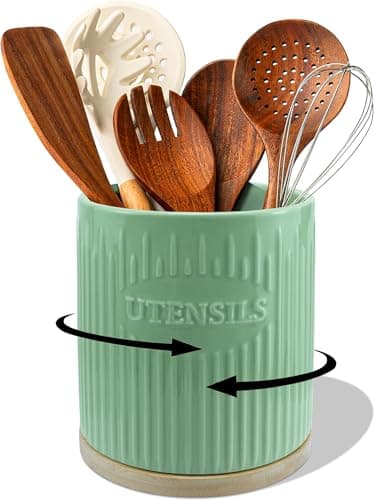 QINSDESIGNS 360° Rotating Utensil Holder, 7.6" Large Ceramic Kitchen Utensil Holder for Countertop with Bamboo Base, Stable Utensil Organizer, Farmhouse kitchen Decor, Green