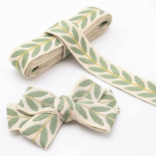 ZNZAKKA Jacquard Ribbon 3 Yards Green Embroidered Lace Trim Leaf Pattern Ribbon for Sewing, Gift Wrapping, Hair Accessories (Green)