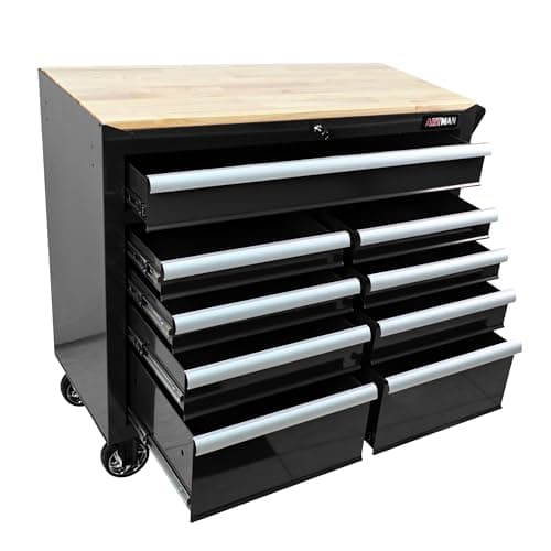 Heavy Duty Rolling Tool Chest with 9-Drawer Wood Top Tool Cart Mechanic Tool Box with Wheels Tool Storage Cabinet Mobile Workbench Tool Bench for Garage, Warehouse, Workshop, Repair Shop (Black)