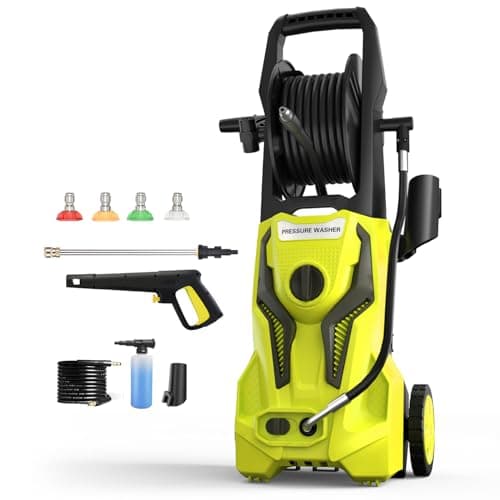 Electric Pressure Washer 3.2GPM Power Washer with 25FT Hose Reel and 4 Nozzles, 5000PSI Max High Pressure Cleaning Machine with Foam Cannon for Cars Fences Driveways Patios, Yellow