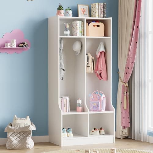 IDEALHOUSE 2-Section Classroom Coat Locker with 4 Cubbies, Daycare Cubby Storage Organizer with 4 Hooks for Home, School, Nursery, Kindergarten, White