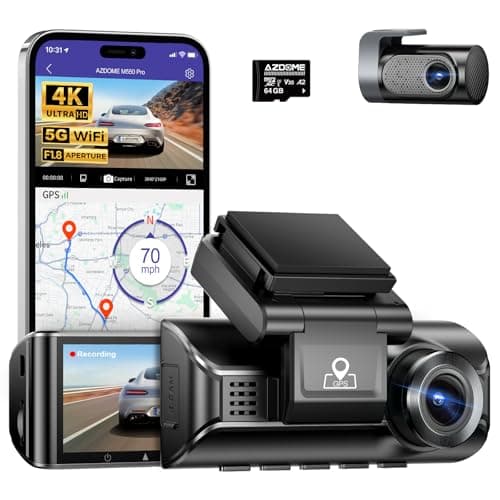 AZDOME 4K 5G WiFi Dash Cam Front and Rear, 3.18" IPS Screen Dashcam for Car,64GB Card Included Dashboard Camera, 4K+1K Dual Dash Cam Built-in GPS WDR IR Night Vision, 24H Parking Mode Black