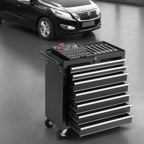 ChicFurnit Tool Chest, 7-Drawer Rolling Tool Chest with 5 Standard and 2 Large Drawers & Top Storage Rack, Storage Box with Four 360° Universal Wheels for Home Workshops, Repair Shops, Black 7