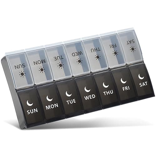Large Pill Organizer 2 Times a Day, Weekly Pill Case, AM PM Pill Box, Day Night Pill Container 7 Day, Vitamin Case Medicine Dispenser Twice a Day (Black & White)