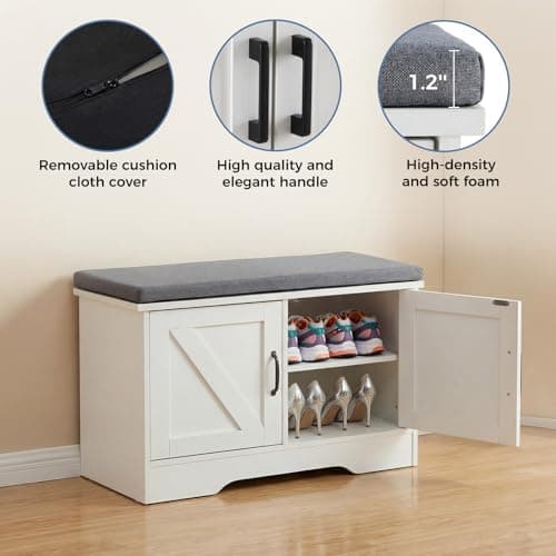 DUMOS Shoe Storage Bench, 47" Wide Shoe Organizer Cabinet with Padded Seat Cushion, 4 Doors, Adjustable Shelf for Entryway, Hallway, Bedroom, Living Room, White 6