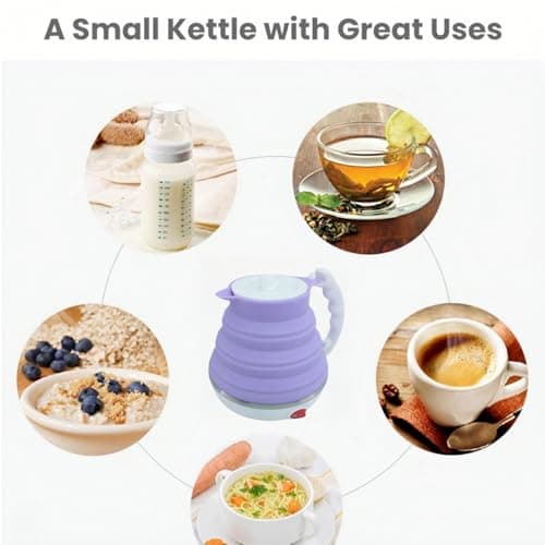 DOFQQG Collapsible Travel Kettle, Portable Electric Kettle, Travel Tea Kettle, Portable Water Boiler, Food Grade Silicone, Auto Shut off and Keep Warm, 110V 555ml (Purple) 2
