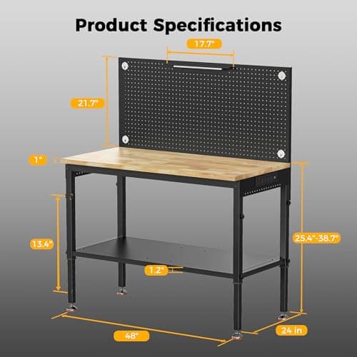 CAMMOO 48" Heavy Duty Work Bench Adjustable Height Max Load 2000 LBS with Storage Shelf for Garage Workbench, Rubberwood Tabletop with Pegboard, LED Light, Built-in Power Strip for Woodworking Shop 8