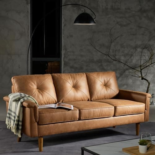 XIZZI 71" Mid-Century Modern Sofa Couch,Faux Leather 3 Seater Sofa w/Key Armrest and Comfortable Cushions,Comfy Deep Seats Sofa Small Couch for Living Room Office Apartment Small Space (Brown)
