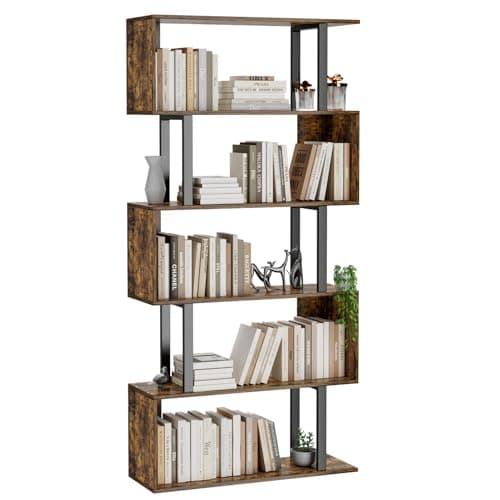 Gadroad 5-Tier Geometric Bookcase,S Shaped Bookshelf, Wood Decorative Storage Shelving, Modern Freestanding Display Shelves, Tall Book Shelf Unit for Living Room Bedroom, Rustic Brown