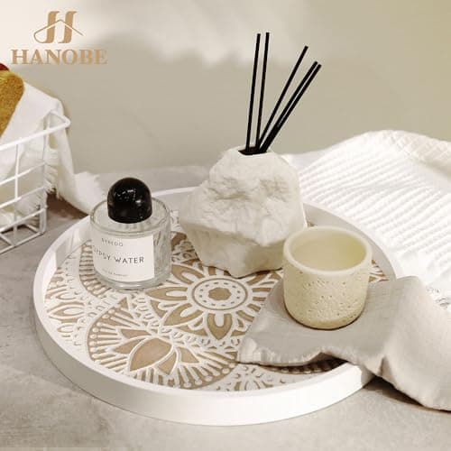 Hanobe Decorative Serving Tray Round: Farmhouse Coffee Table Decor Boho White Mandala Trays for Living Room Kitchen Bathroom Display 8
