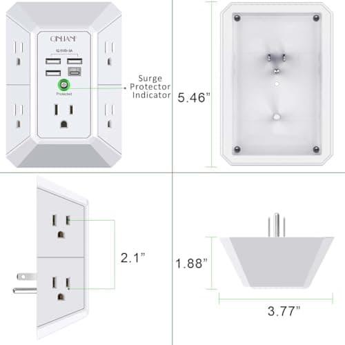 Wall Charger, Surge Protector, QINLIANF 5 Outlet Extender with 4 USB Charging Ports, 3-Sided 1680J Power Strip Multi Plug Adapter Spaced for Home Travel Office 7